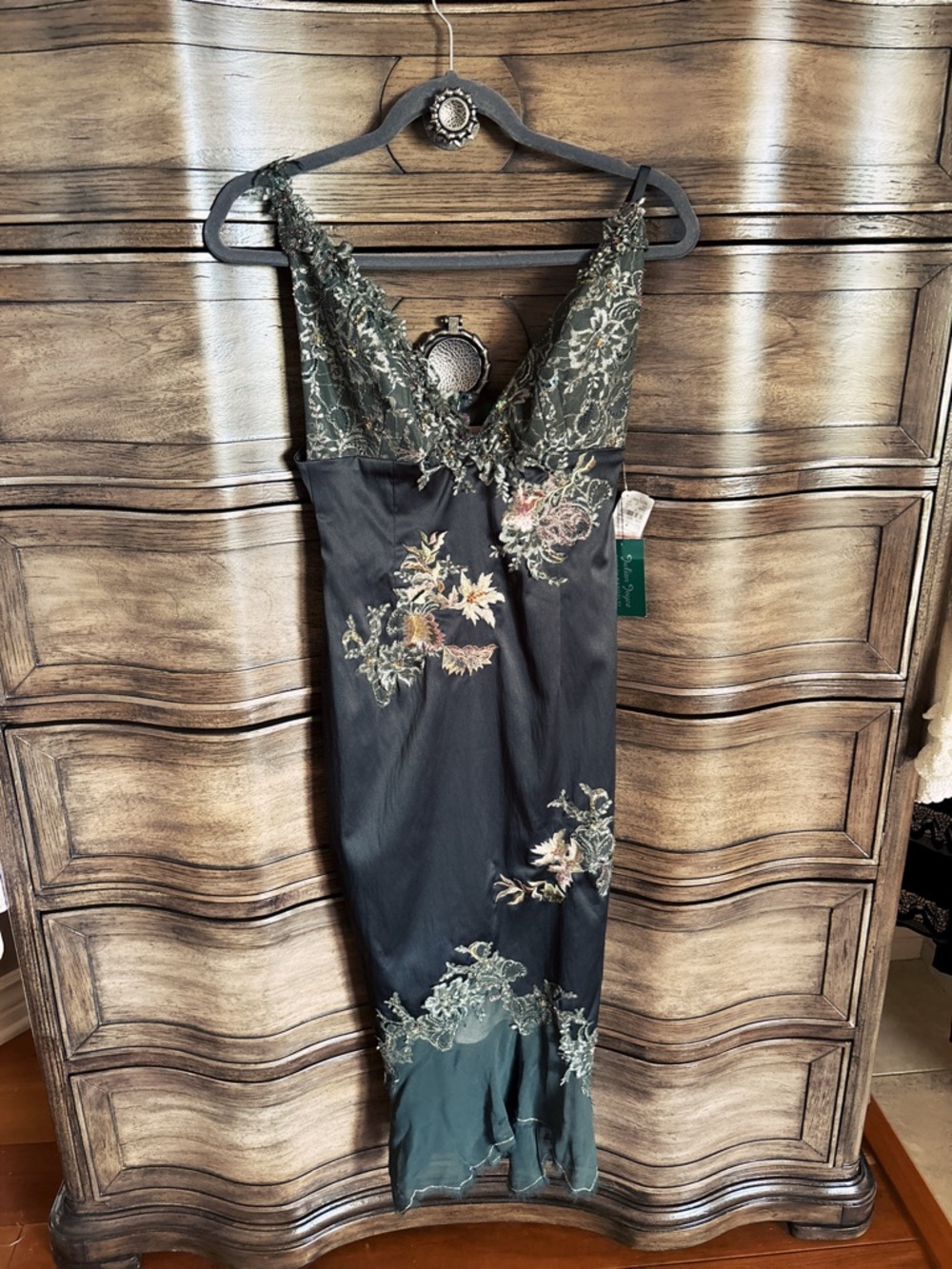 Mandalay Embroidered V-Neck Floral Slip Dress - Olive Green - Picture 7 of 15